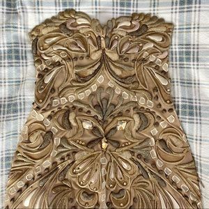 Ema Savahl Gold Silver Painted Rhinestone Strapless Fitted Dress S